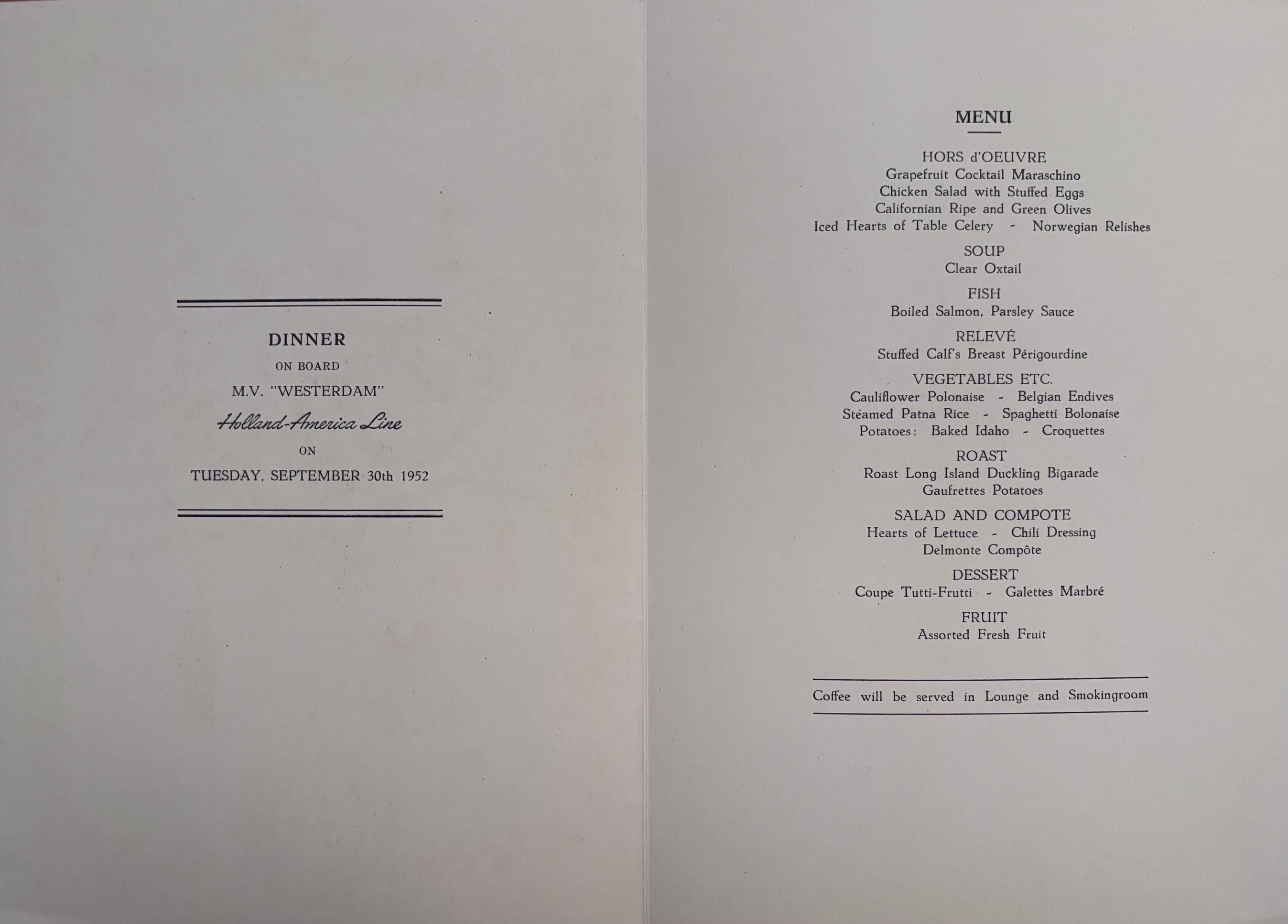 Holland-America Line. Dinner on Board M.V. "Westerdam"