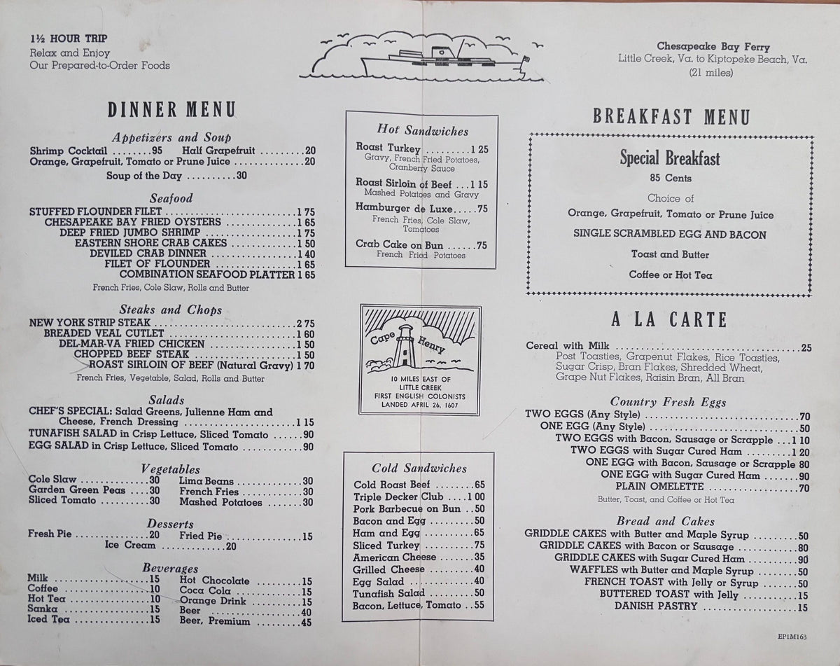 Chesapeake Bay Ferry. Menu