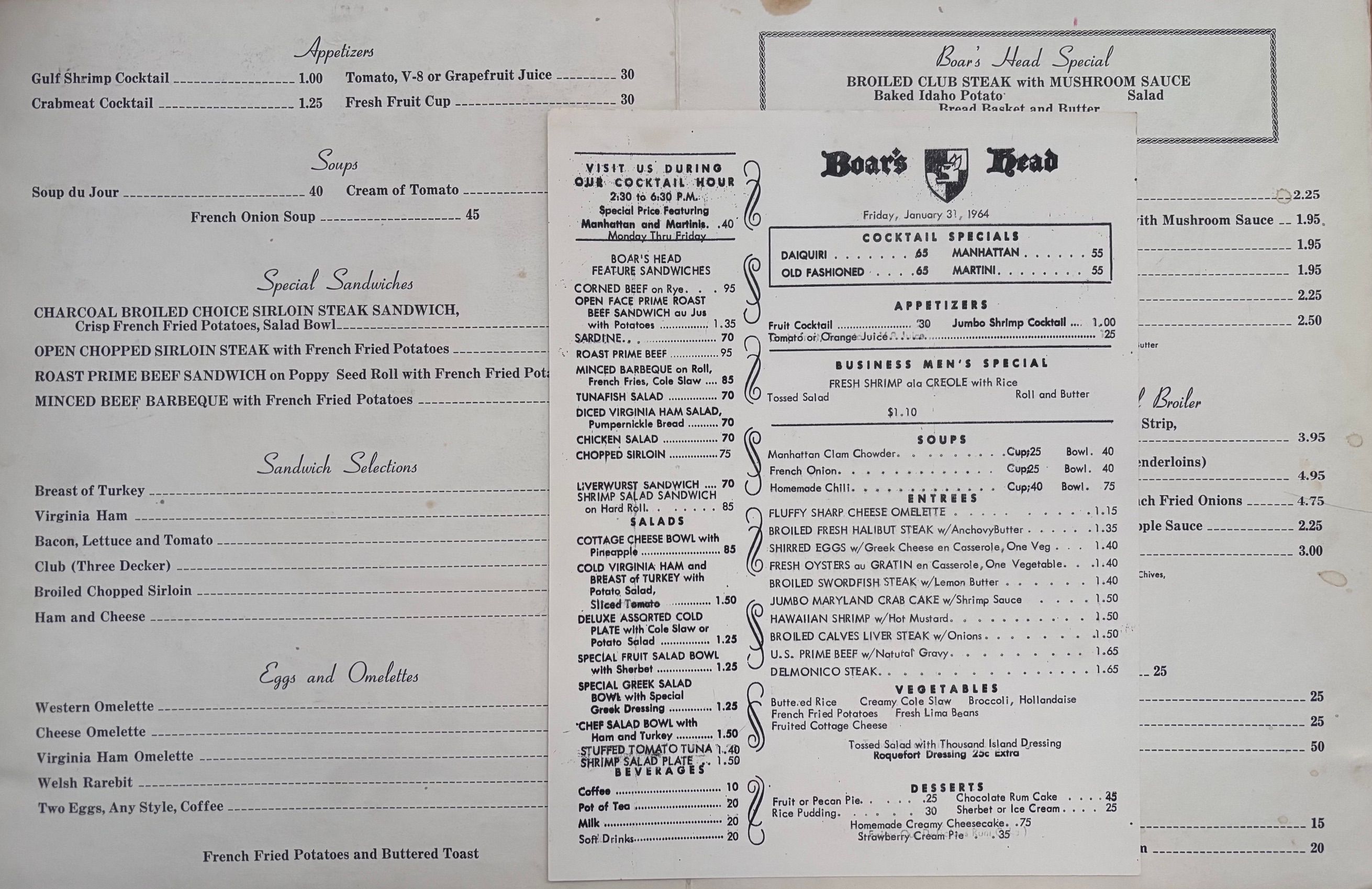 (Washington, D.C.) Boar's Head. Menu