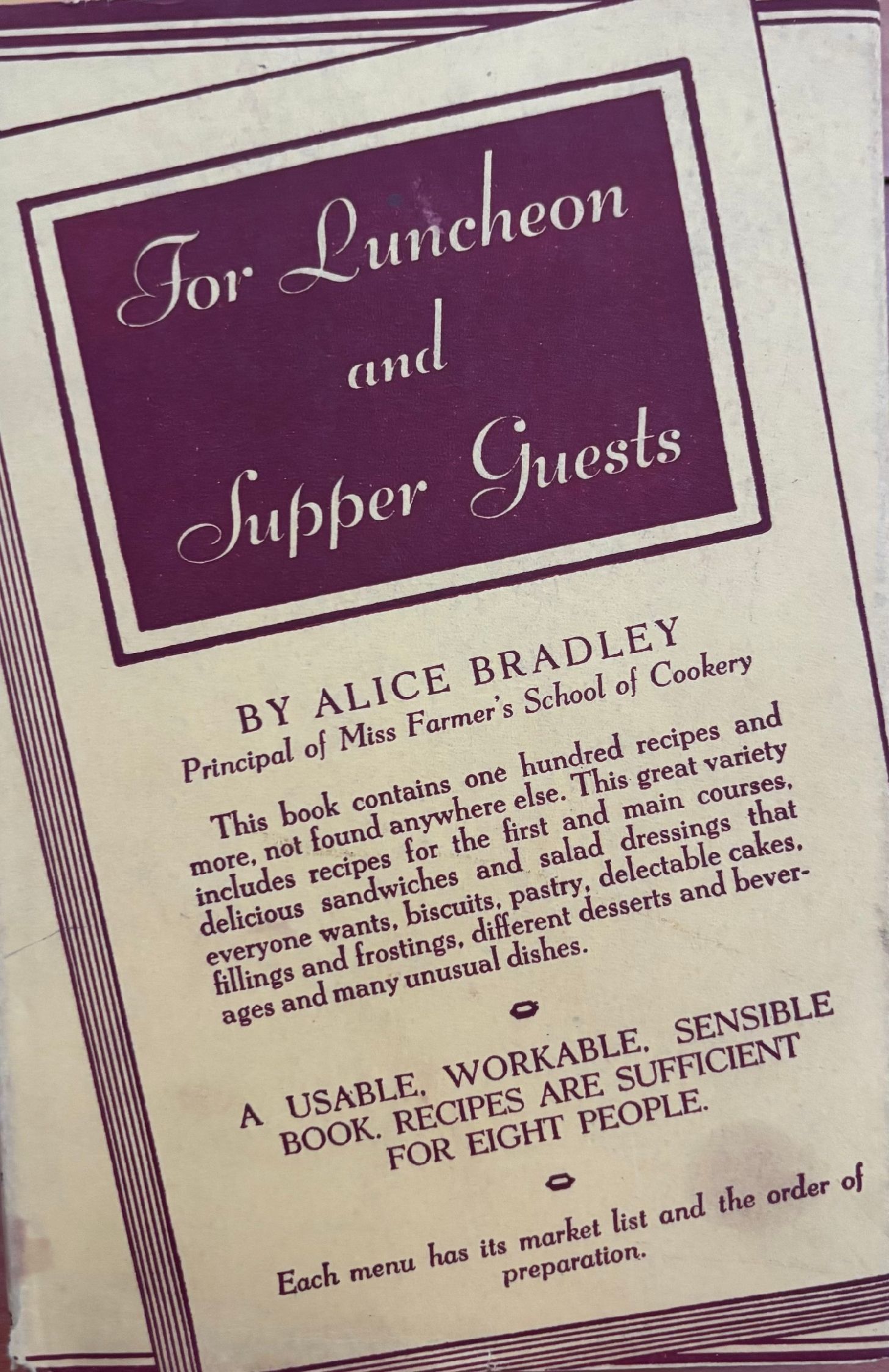 (Lunch) Alice Bradley. For Luncheon and Supper Guests