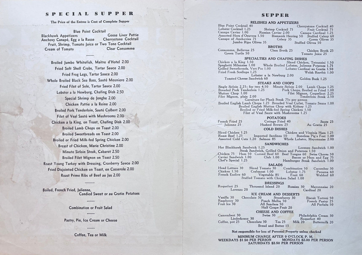 (*NEW ARRIVAL*) (Menu) The Blackhawk Restaurant