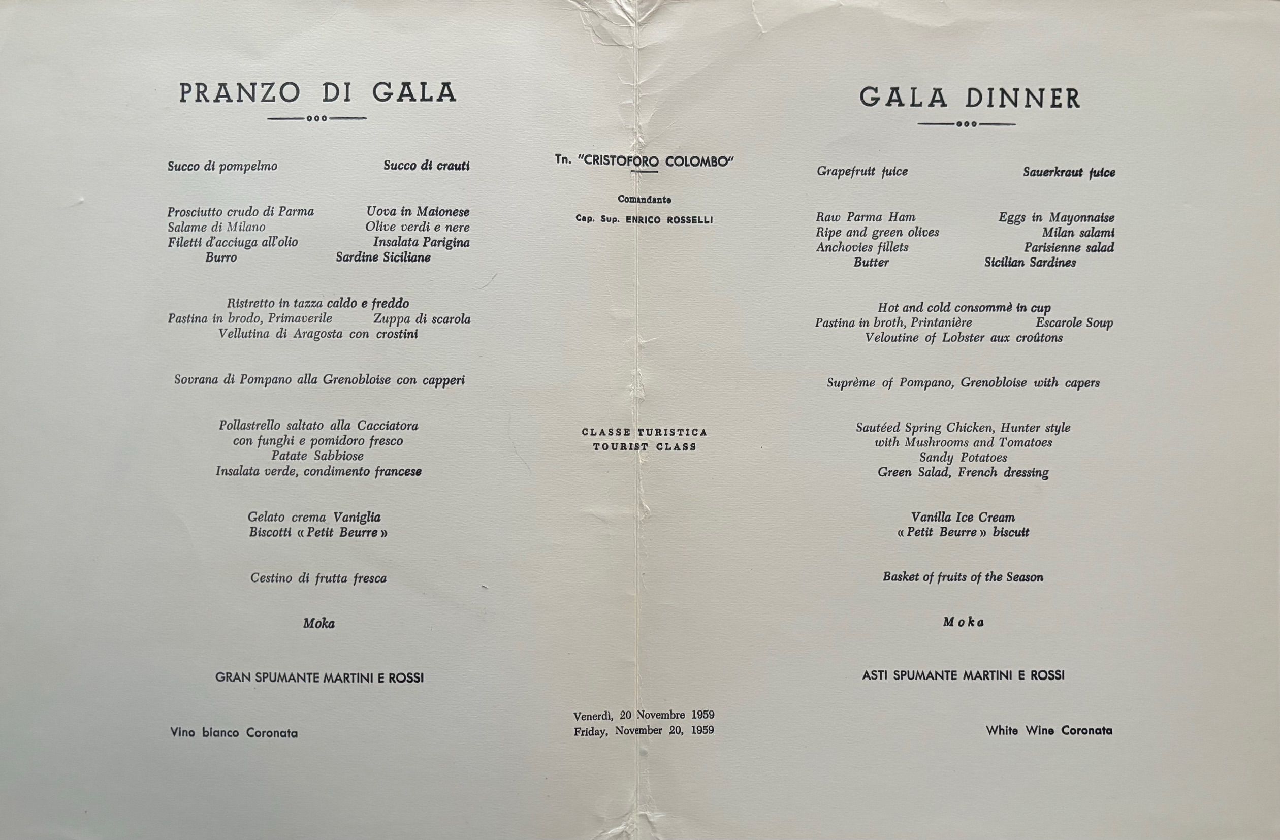 (*NEW ARRIVAL*) (Menu) Tn. Cristoforo Colombo. Gala Dinner - Pranzo di Gala