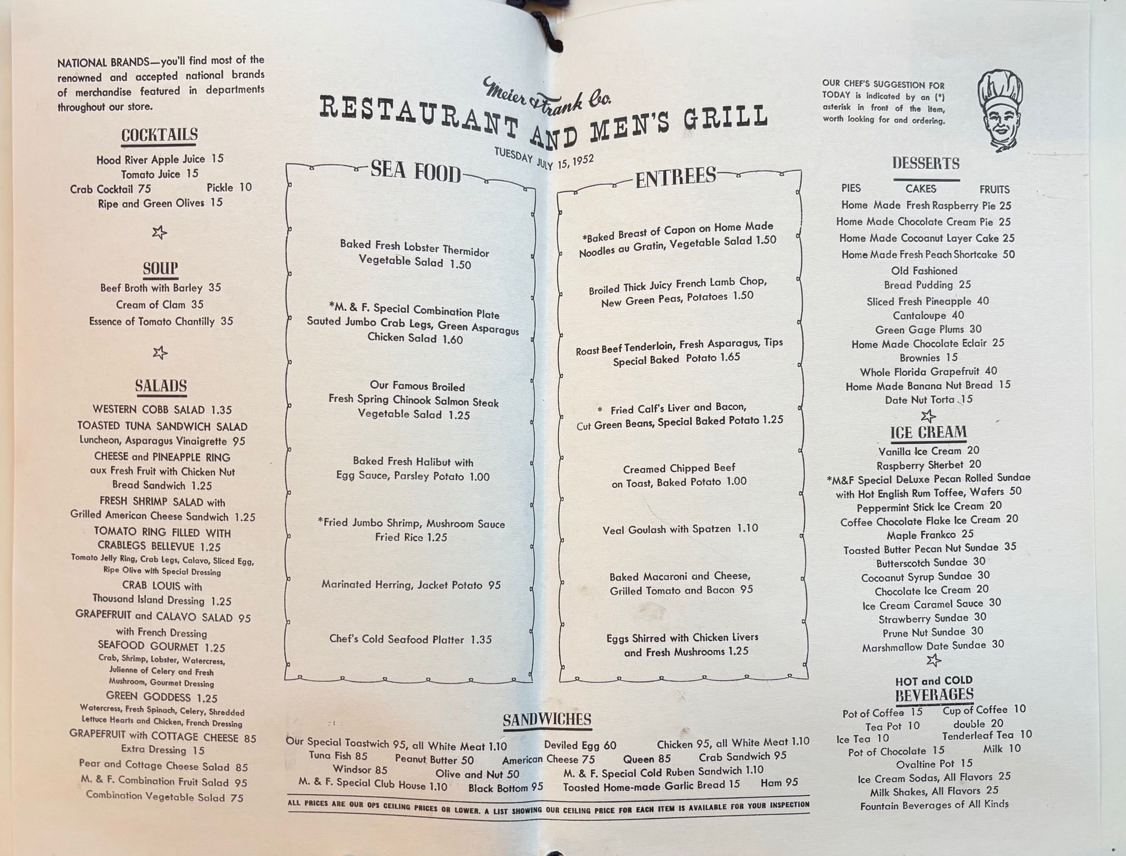 (*NEW ARRIVAL*) (Oregon) Meier & Frank Co. Restaurant and Men's Grill. Menu