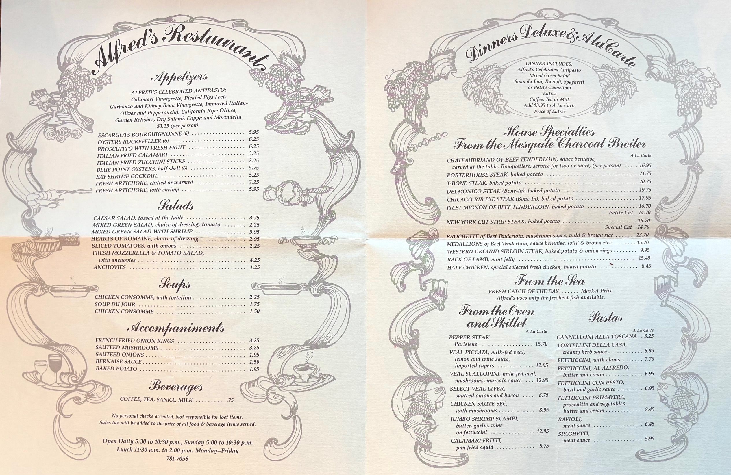 (*NEW ARRIVAL*) (San Francisco) Alfred's Restaurant. Dinners Deluxe & A la Carte