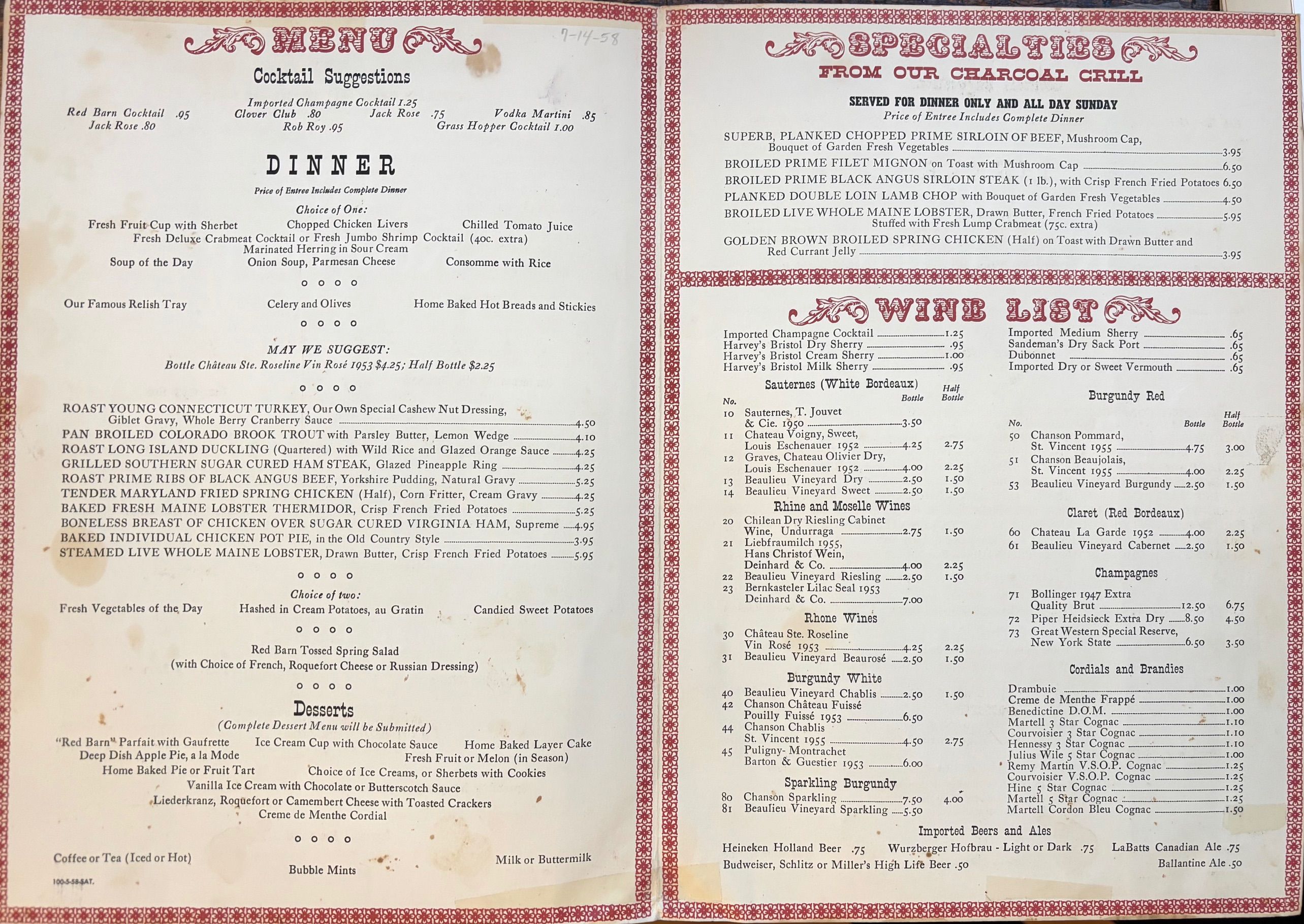 (*NEW ARRIVAL*) (Connecticut) Harry & Dorothy Davega. The Red Barn - Menu