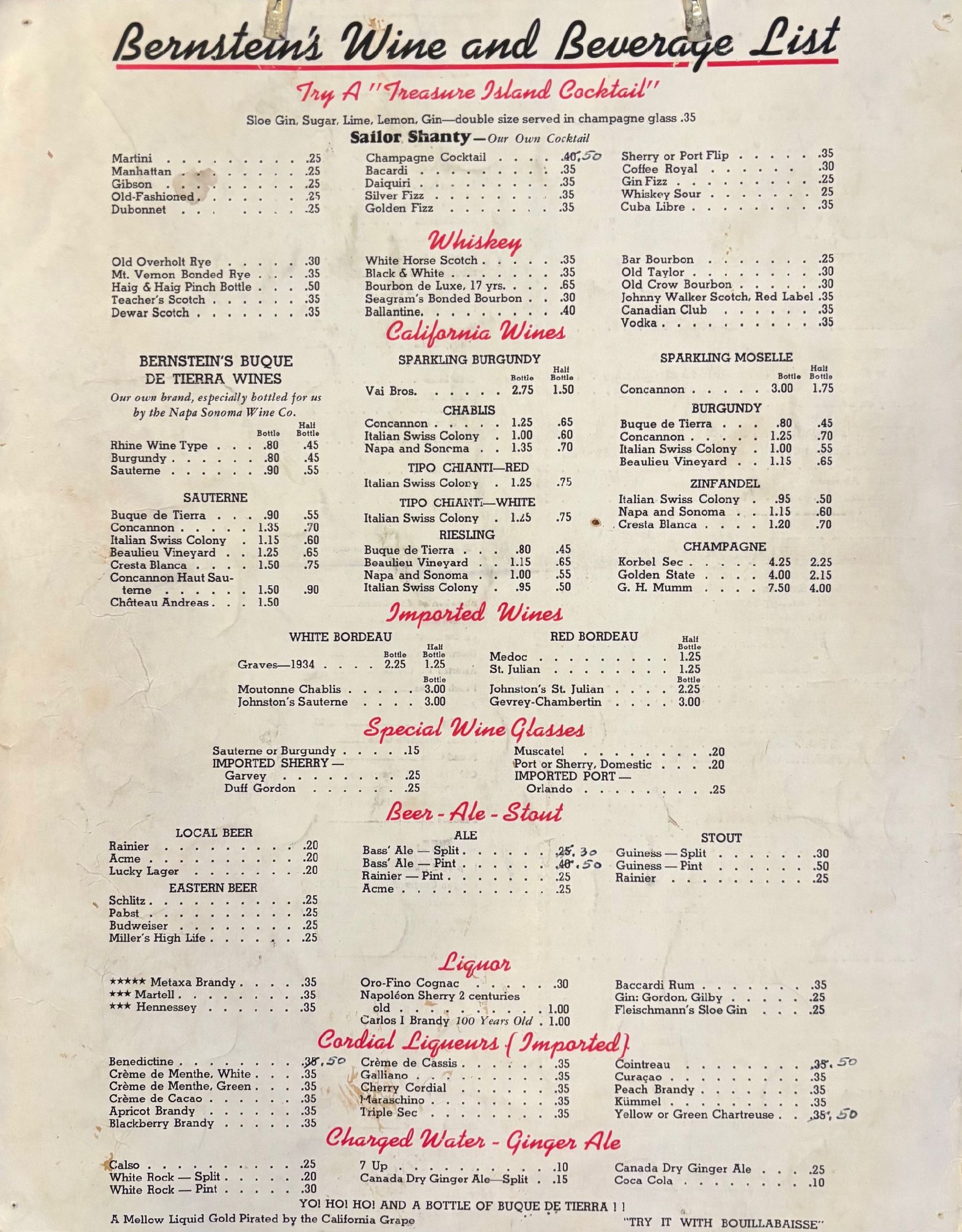 (*NEW ARRIVAL*) (San Francisco) Bernstein's. Menu