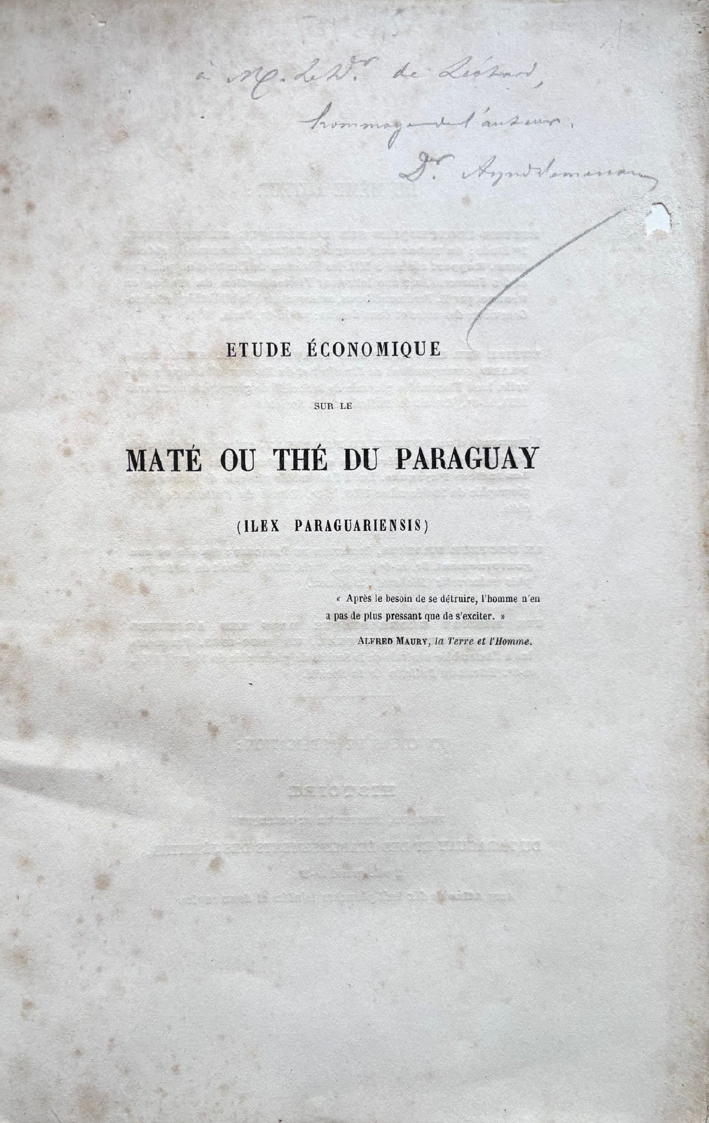 (Tea - Maté - Paraguay) Dr. Alfred Demersay. Etude Economique sur le Maté ou Thé du Paraguay. *Signed*