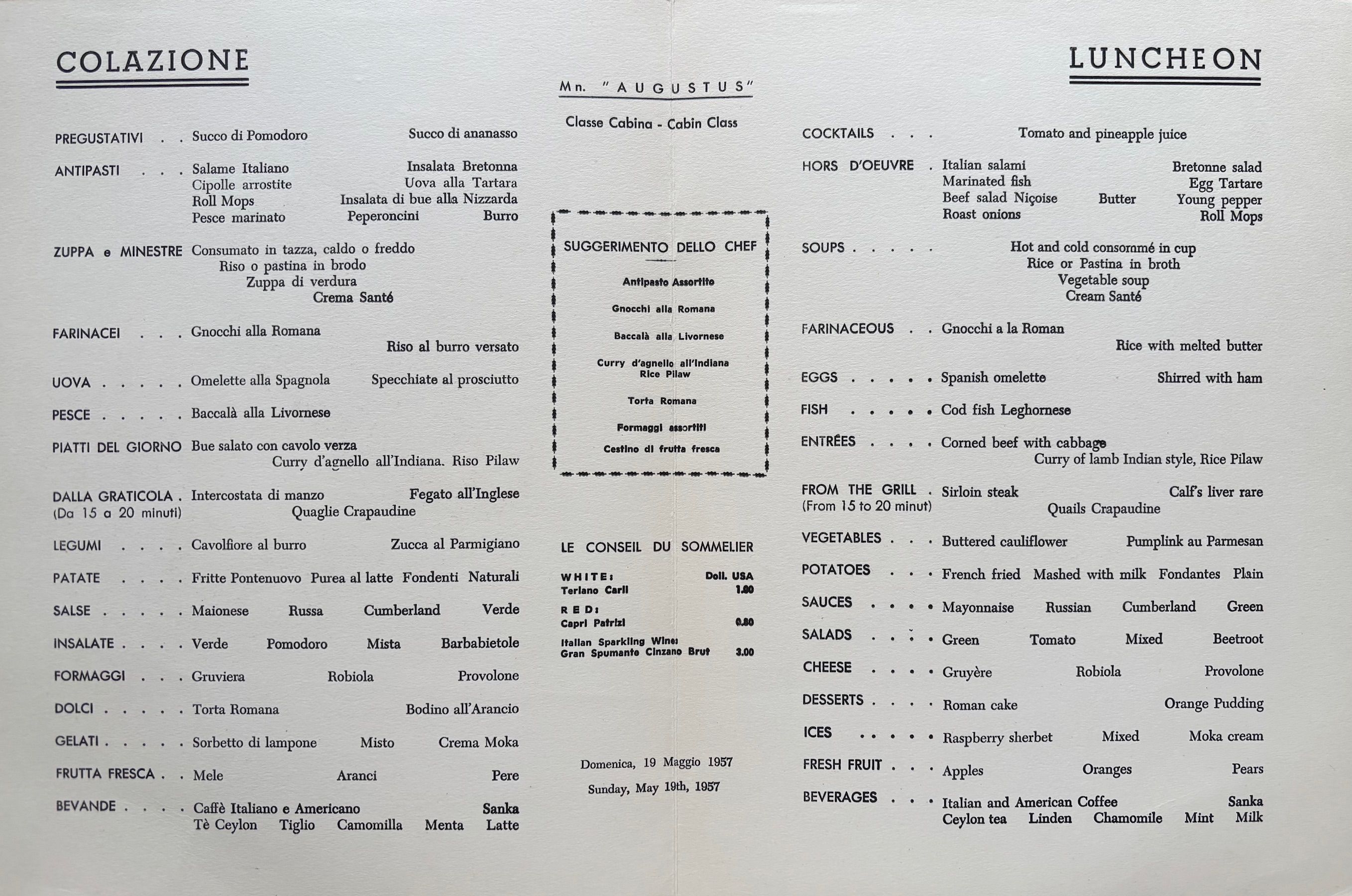 *New* Italia Lines. Colazione Luncheon Menu