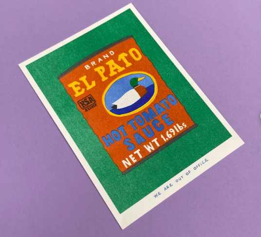 Risograph Print: Can of El Pato Hot Tomato Sauce