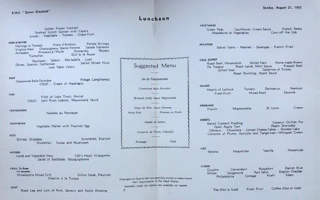 Cunard. R.M.S. Queen Elizabeth - Shakespeare Memorial Theatre, Stratford-on-Avon Luncheon Menu