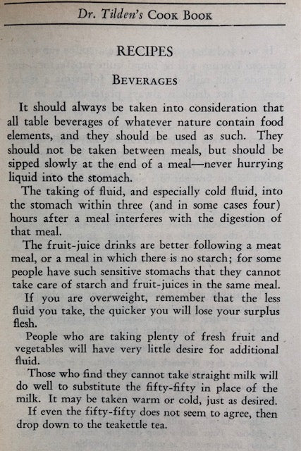 (Health) J.H. Tilden. Dr. Tilden's Cook Book, including Suggestions Regarding Proper Food Combinations with Illustrative Menus.