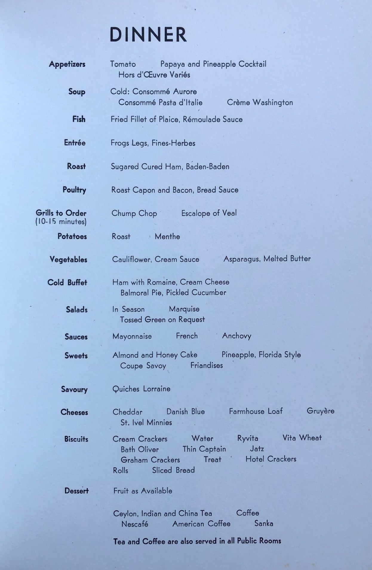 P & O Lines. S.S. Canberra Dinner Menu - Litchi