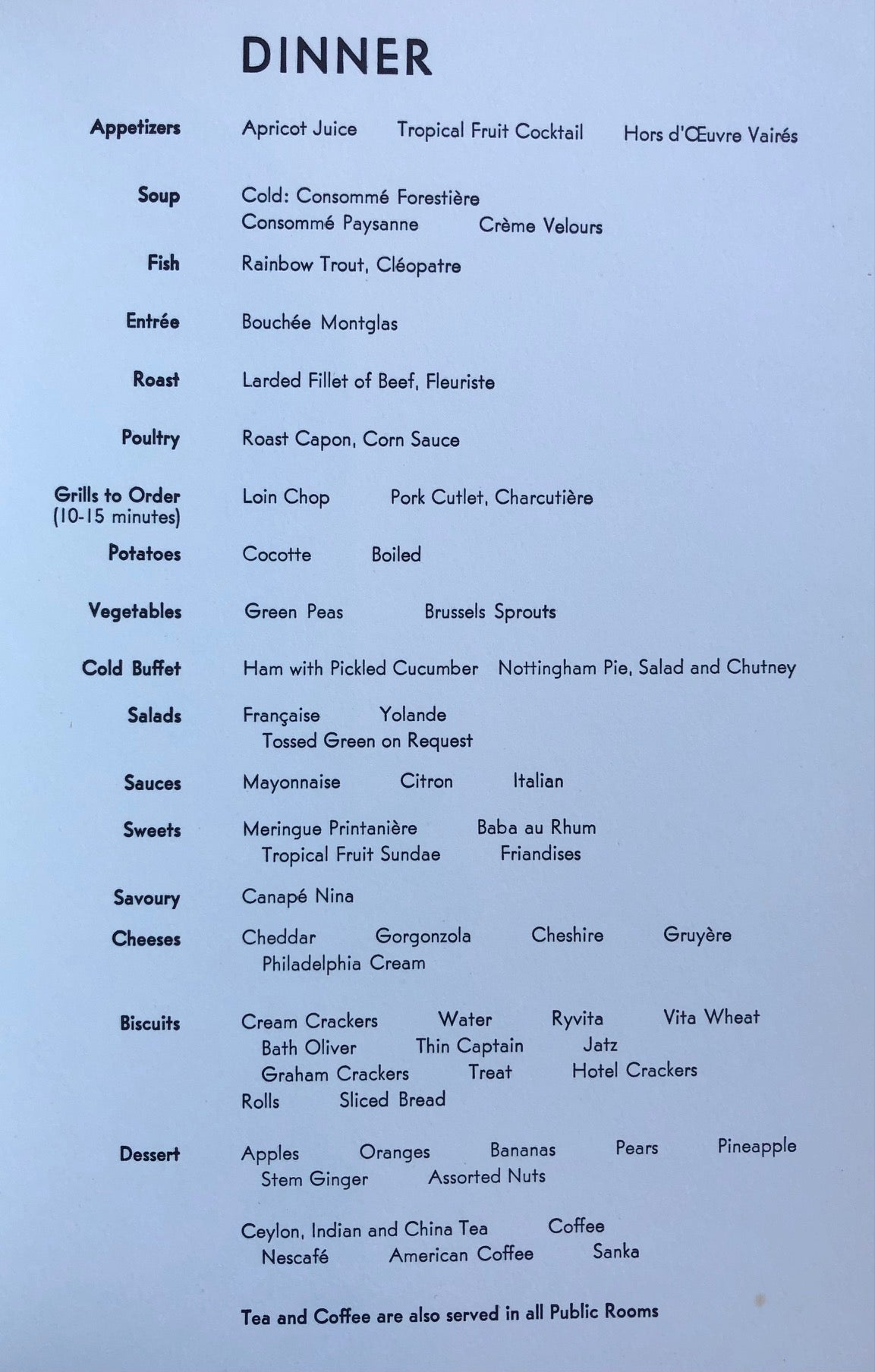 P & O Lines. S.S. Canberra Dinner Menu