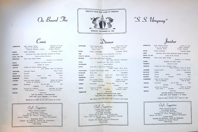 On Board the S.S. Uruguay Menu