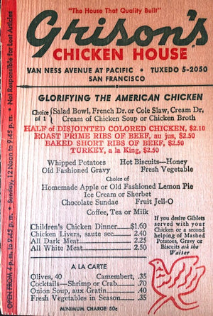(Menu) (San Francisco) Grison's Chicken House.