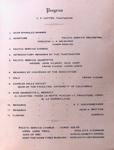 (WWI) Pacific Service Employees' Association Second Annual Dinner.