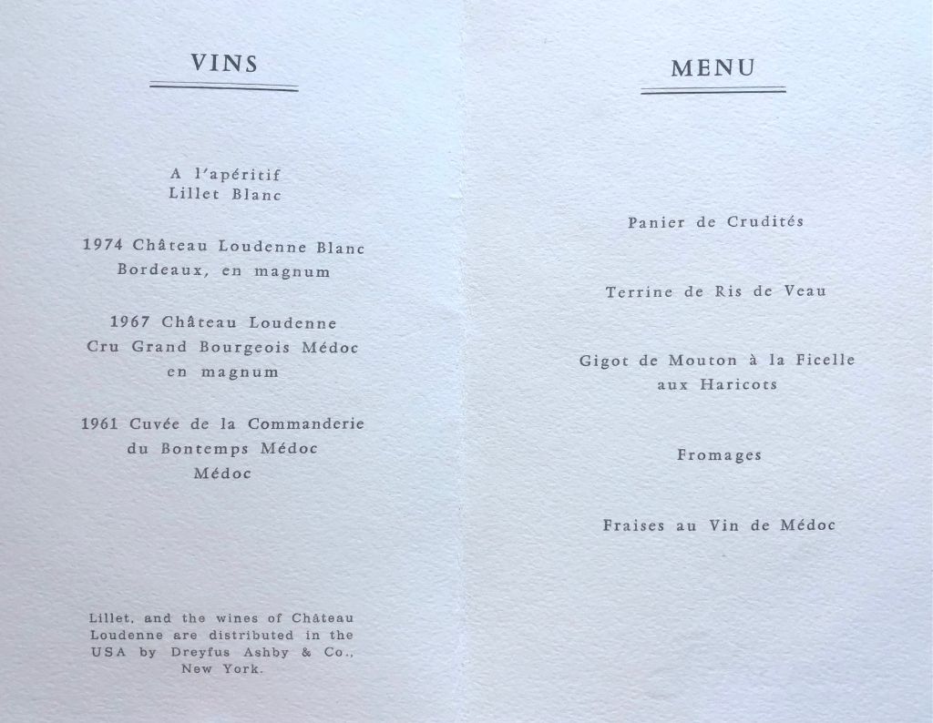 (Wine) Chateau Loudenne. Diner 17 Mai 1976.