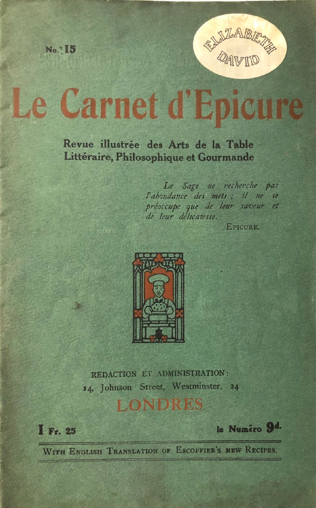 (*NEW ARRIVAL*) Elizabeth David. 8 issues of Le Carnet d'Epicure with her bookplate to front covers.