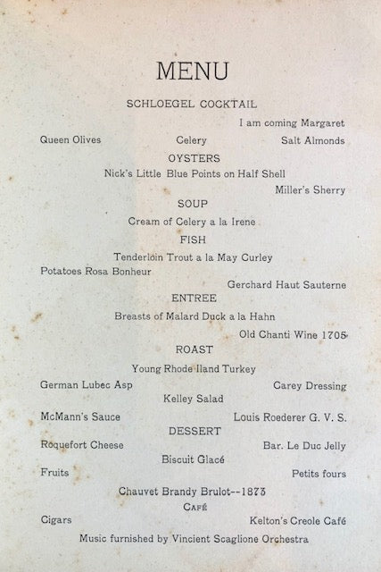 Menu in Honor of Mrs. Margaret Carey