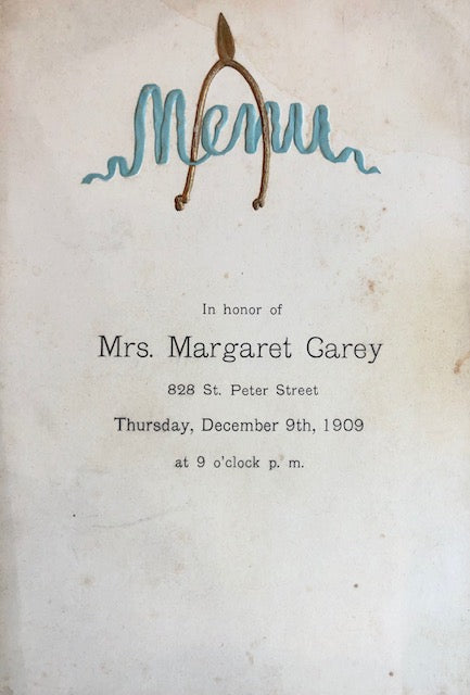 (Menu)  Menu in Honor of Mrs. Margaret Carey.
