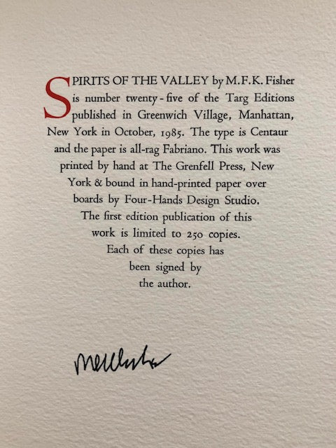 (Food Writing) Fisher, M.F.K. Spirits of the Valley. SIGNED.