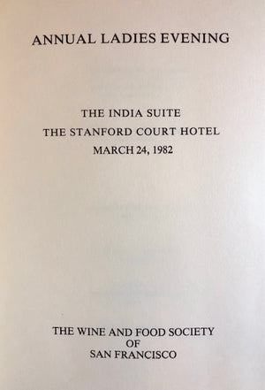 (Menu) (San Francisco) Annual Ladies Evening: The India Suite, The Stanford Court Hotel.