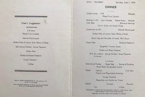 (Menu) Cunard. R.M.S. Sylvania - Venice - Dinner.