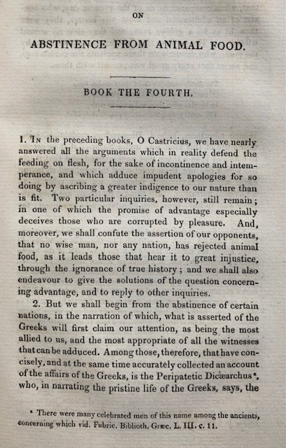 (Vegetarian) Porphyry.  Select Works of Porphyry; containing his four books on abstinence from animal food; his treatise on the Homeric cave of the nymphs; and his auxiliaries to the perception of intelligible nature.