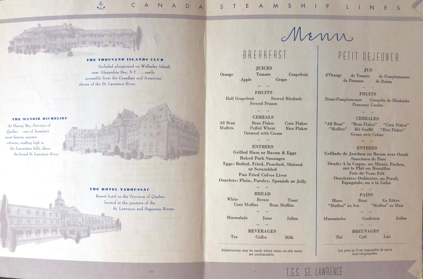 T.S.S. St. Lawrence Petit Dejeuner Menu