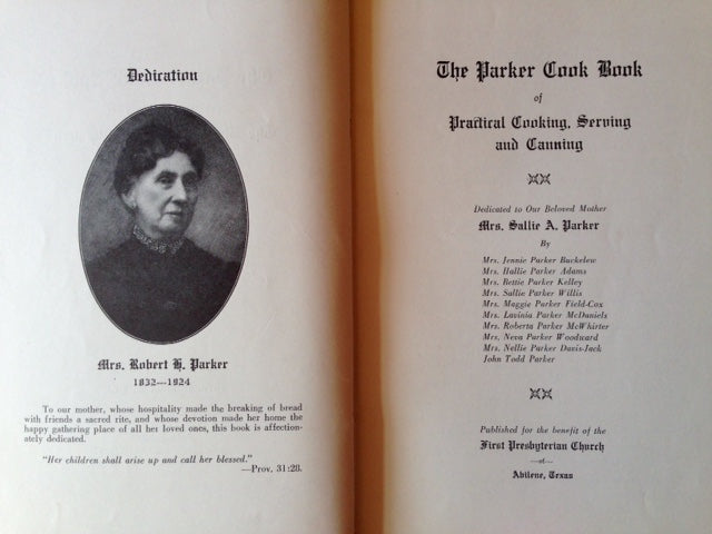 (Texas) Cox, Mrs. Samuel R., ed. The Parker Cook Book: Published for the Benefit of the First Presbyterian Church.